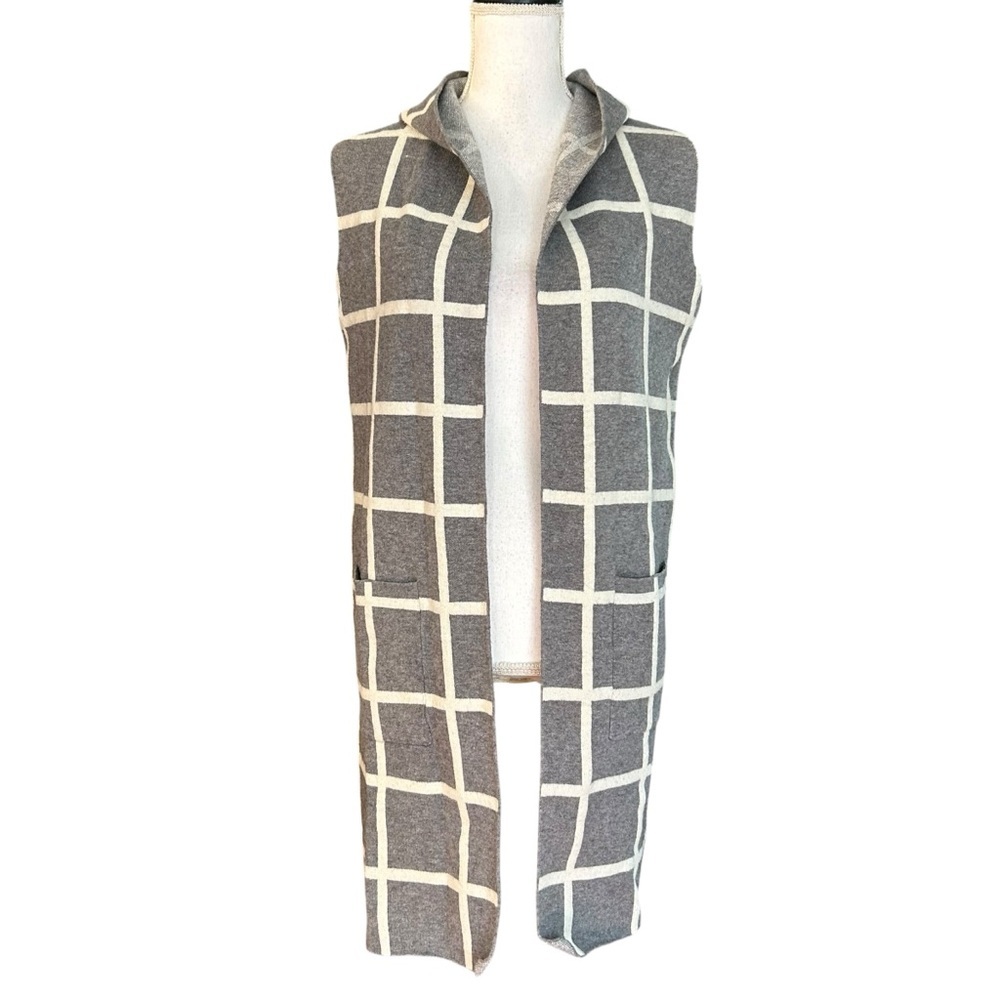 Rain (Nordstrom)‎ Gray Sleeveless Hooded Vest with White Grid Pattern SZ Small